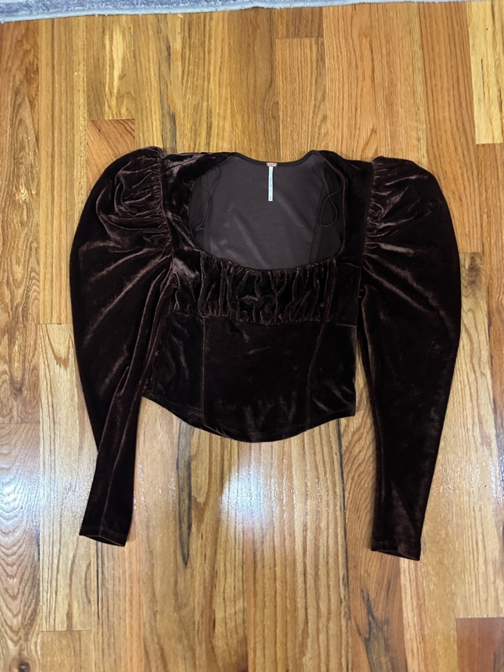 Free People Dark Brown Velvet Puff-Sleeve Crop Top